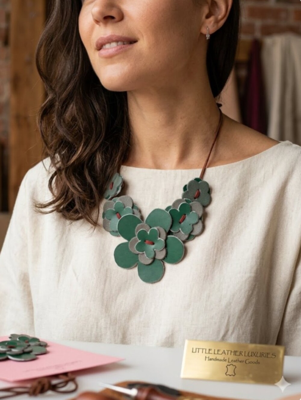 Handmade Genuine Leather Lime Sage Teal Olive Green Floral Statement Necklace 03